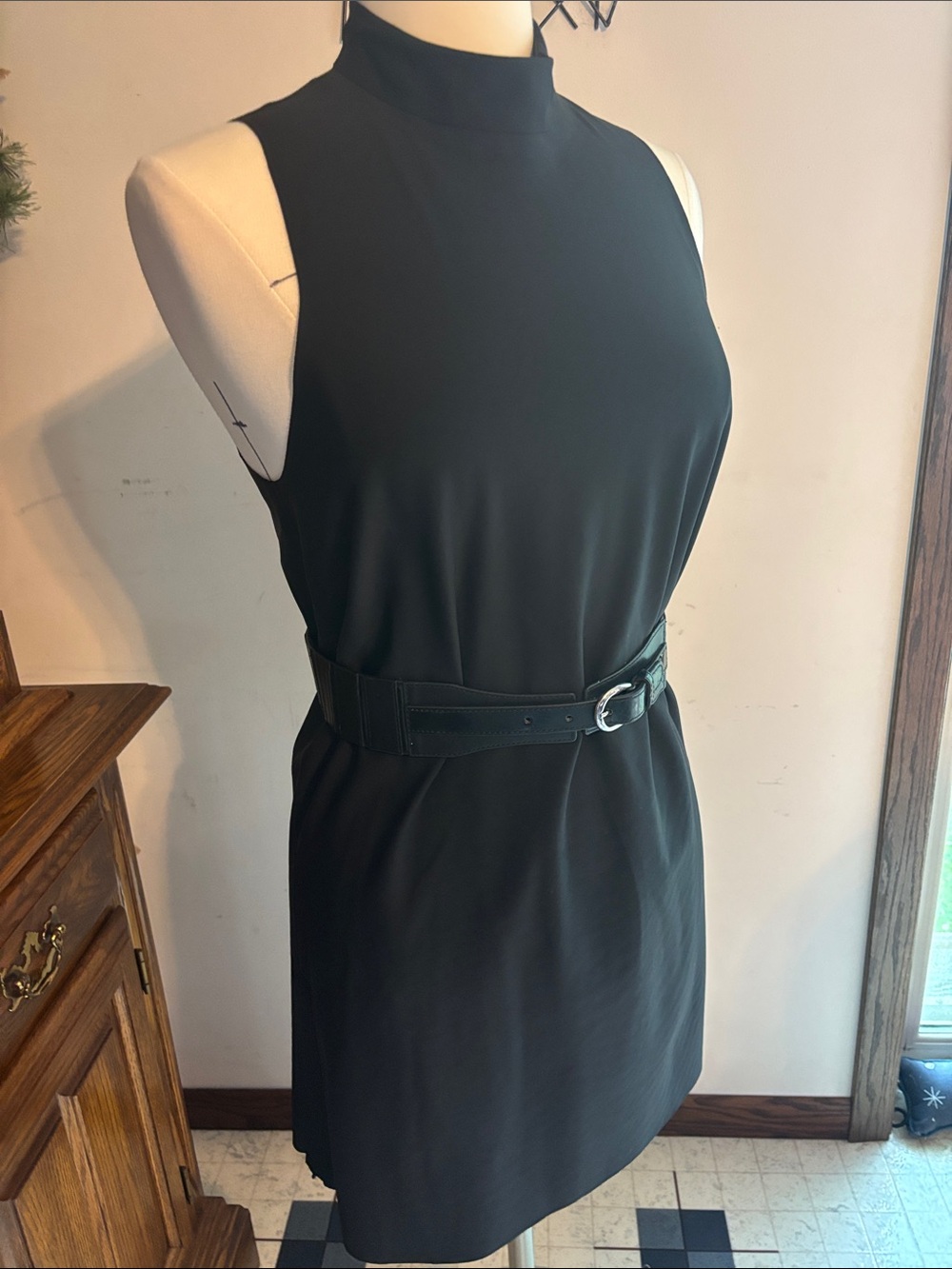 Athleta Black Mock-Neck Sleeveless Mini Dress. Can be belted to accent waist.